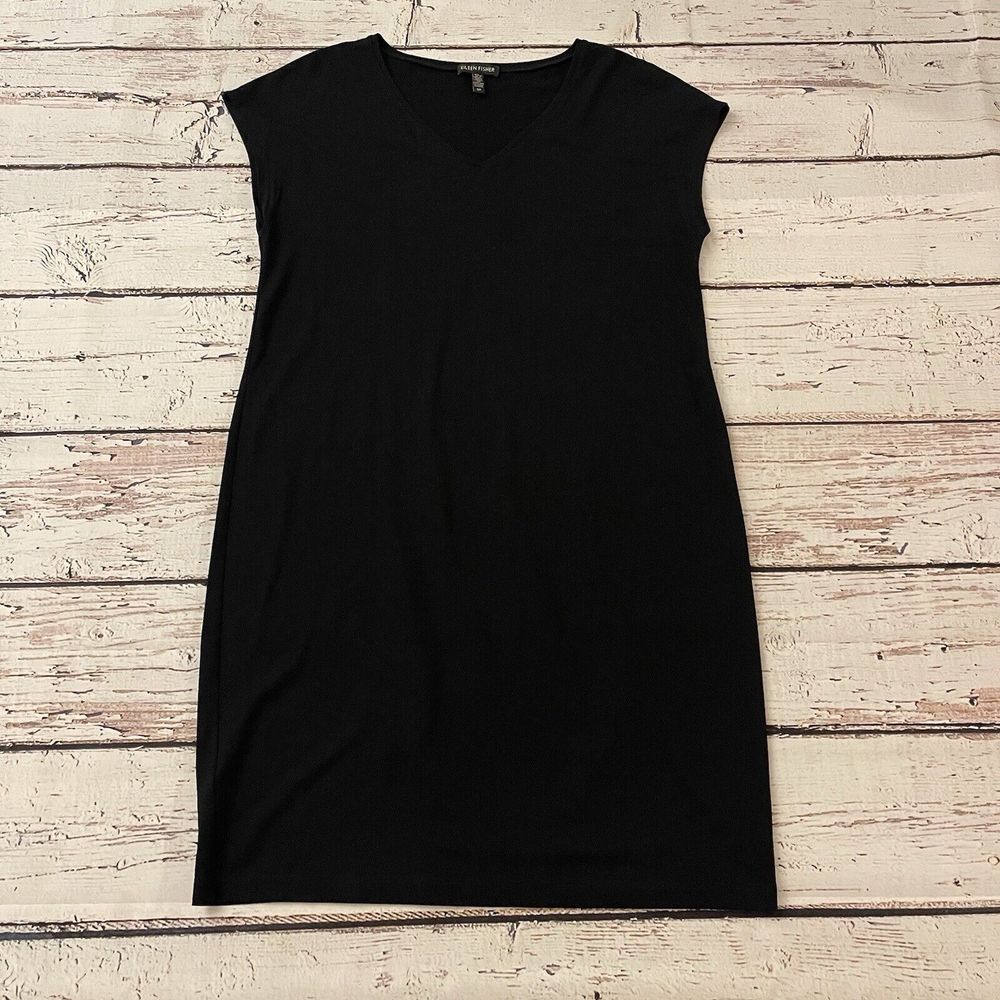Eileen‎ Fisher Drape Cowl Neck Stretch Jersey Dress L Small Relaxed Made In USA
